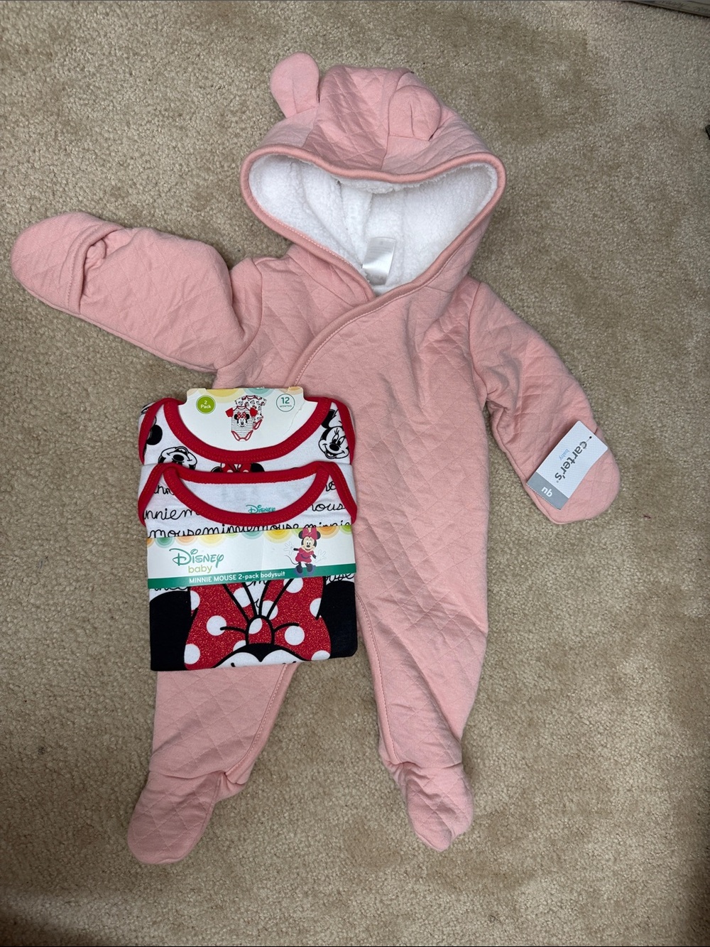 Kids Quilted Hooded One-Piece in Pink with Ear Detail and Minnie Mouse one piece